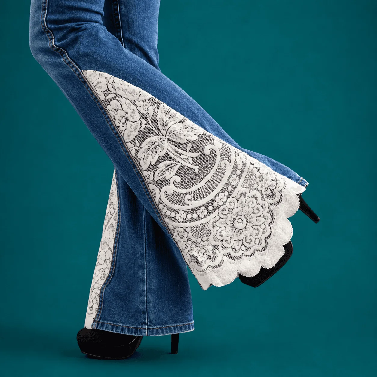 jeans with lace flare inserts