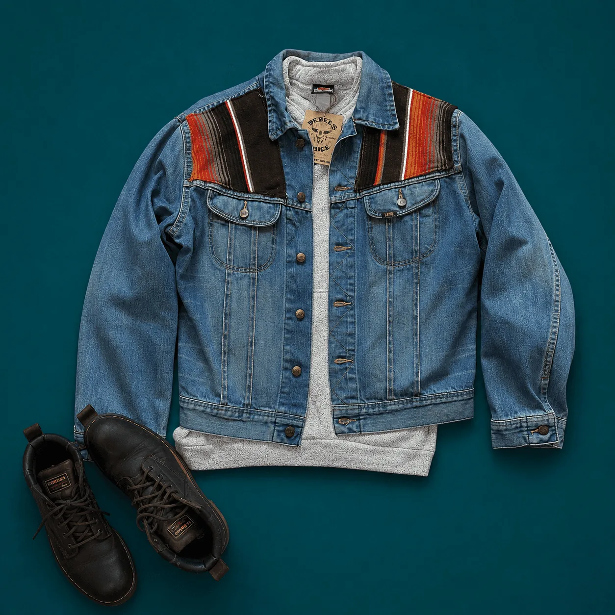 men’s denim jacket with ethnic shoulder inserts
