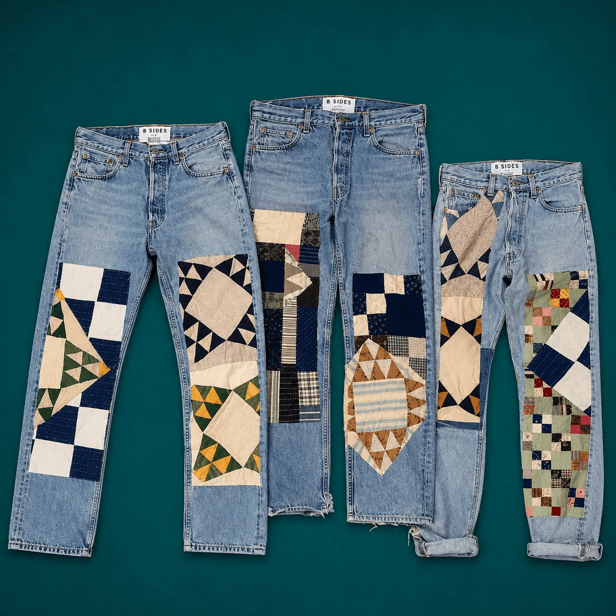 jeans with patchwork inserts